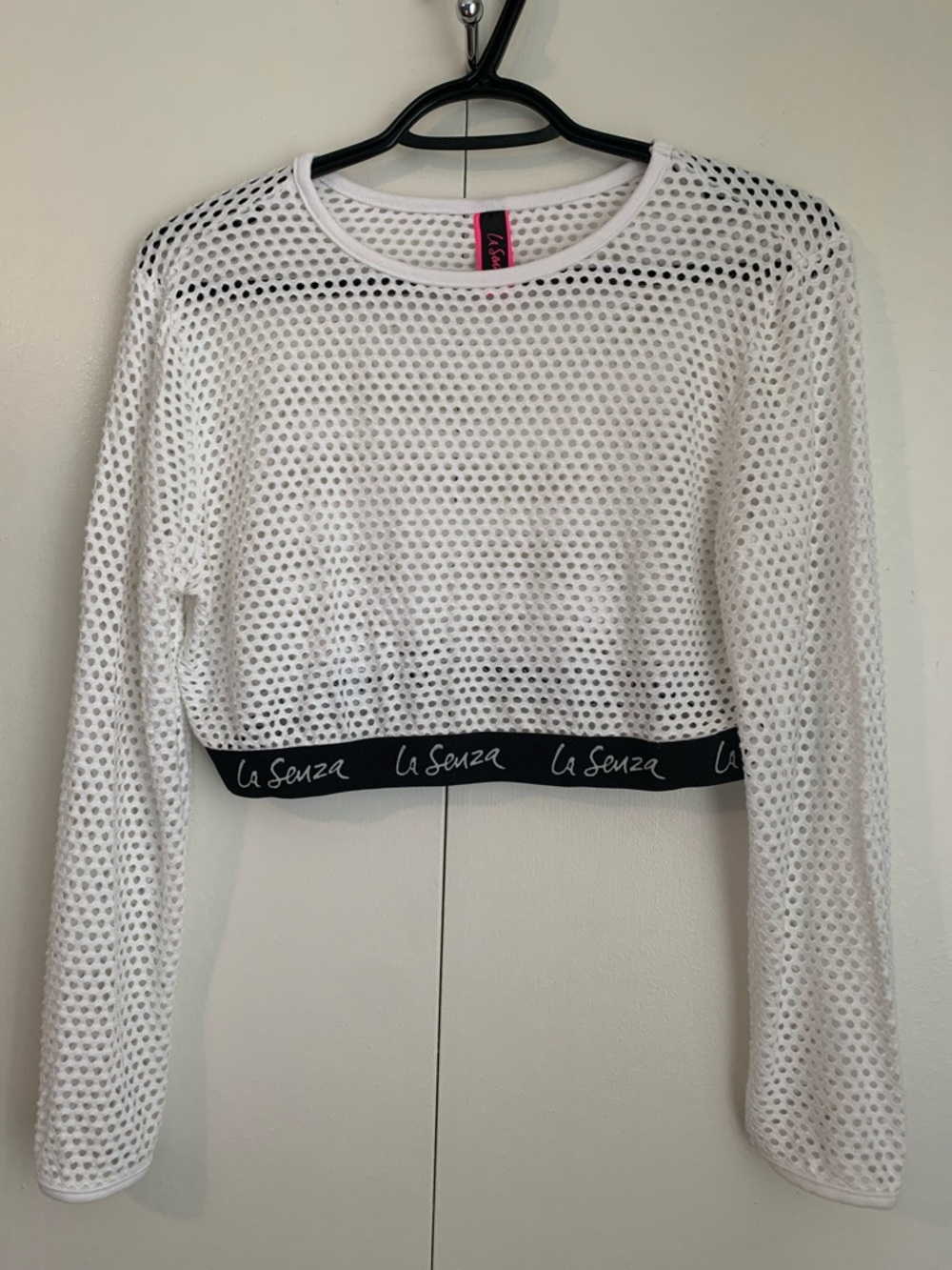 La Senza White & Black Logo Fishnet Long Sleeve Crop Top Size Large